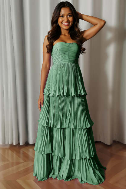 Dusty Blue Strapless Tiered Long Wedding Guest Dress