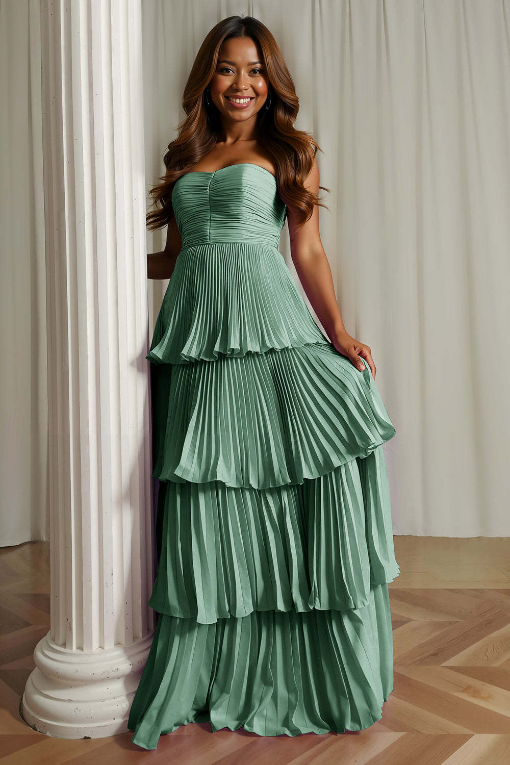 Dusty Blue Strapless Tiered Long Wedding Guest Dress