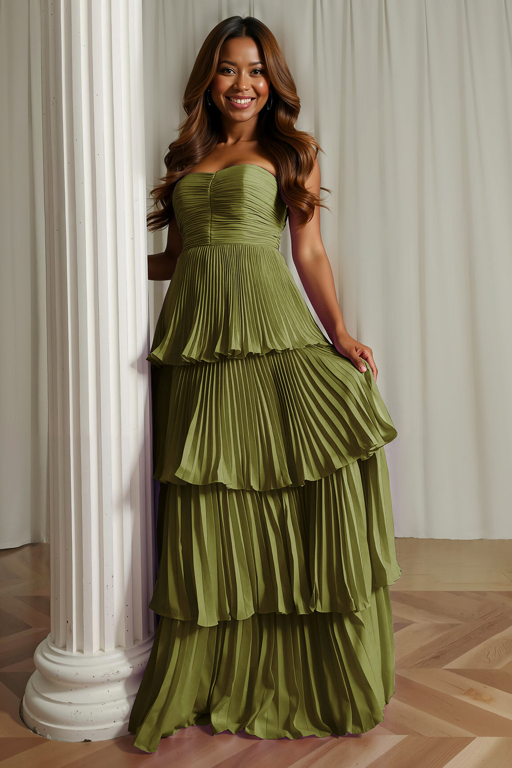 Dusty Blue Tiered Strapless Maxi Wedding Guest Dress