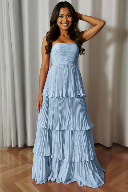 Leely Women Dusty Blue Chiffon Long Sheath Wedding Guest Dress Tiered Strapless Ruched Wedding Party Dress