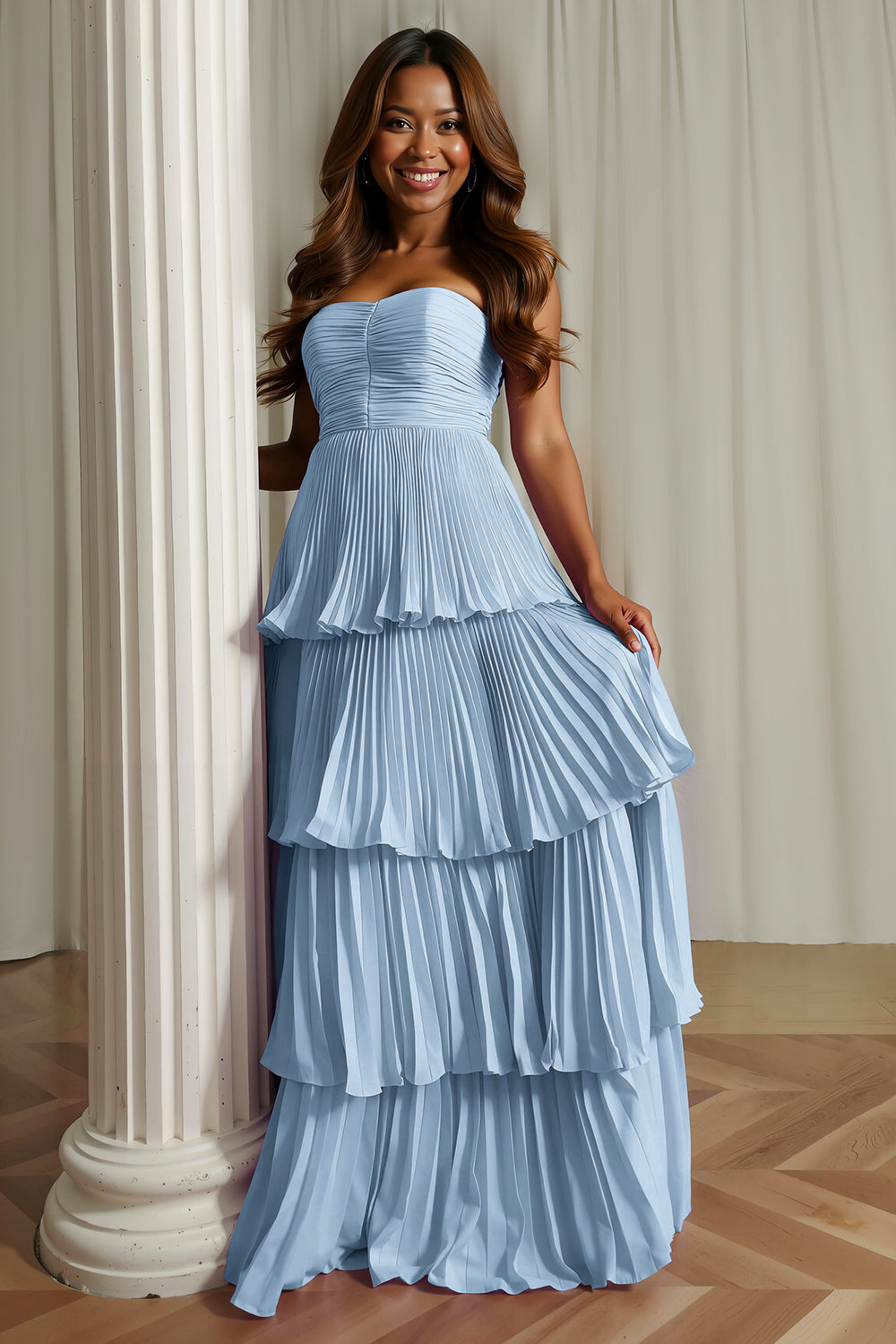 Dusty Blue Strapless Tiered Long Wedding Guest Dress