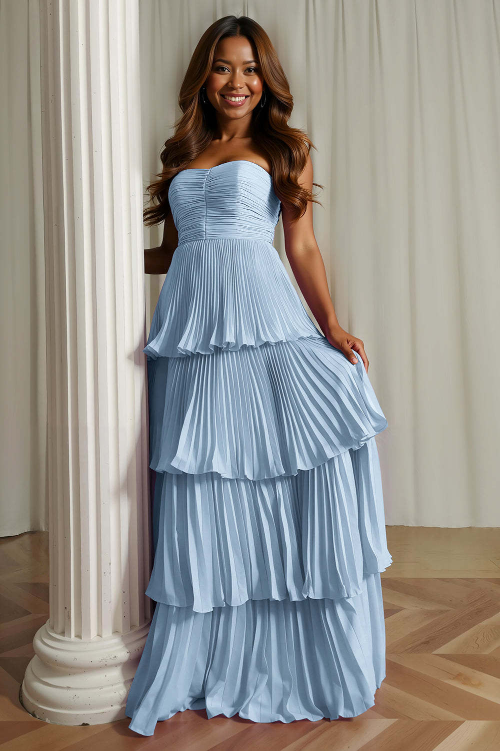 Dusty Blue Strapless Tiered Long Wedding Guest Dress