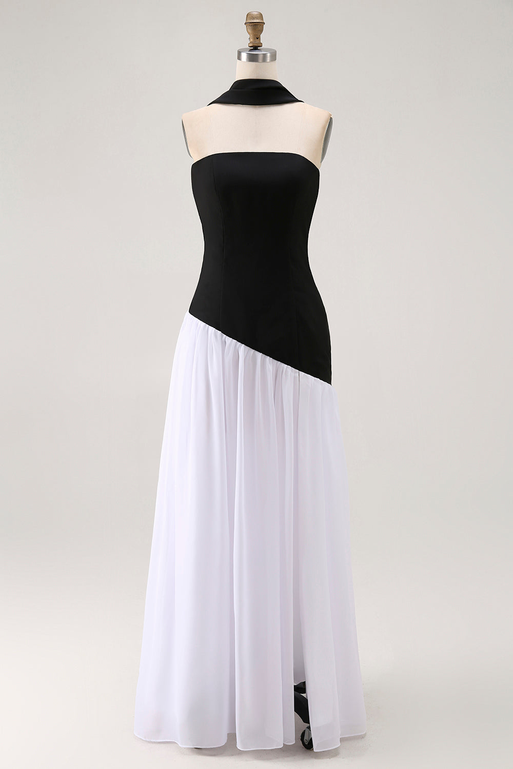 Black and White Strapless Neck Scarf Long Formal Dress