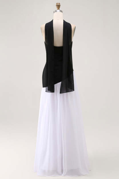 Black and White Strapless Neck Scarf Long Formal Dress