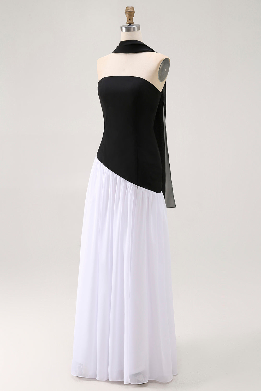 Black and White Strapless Neck Scarf Long Formal Dress