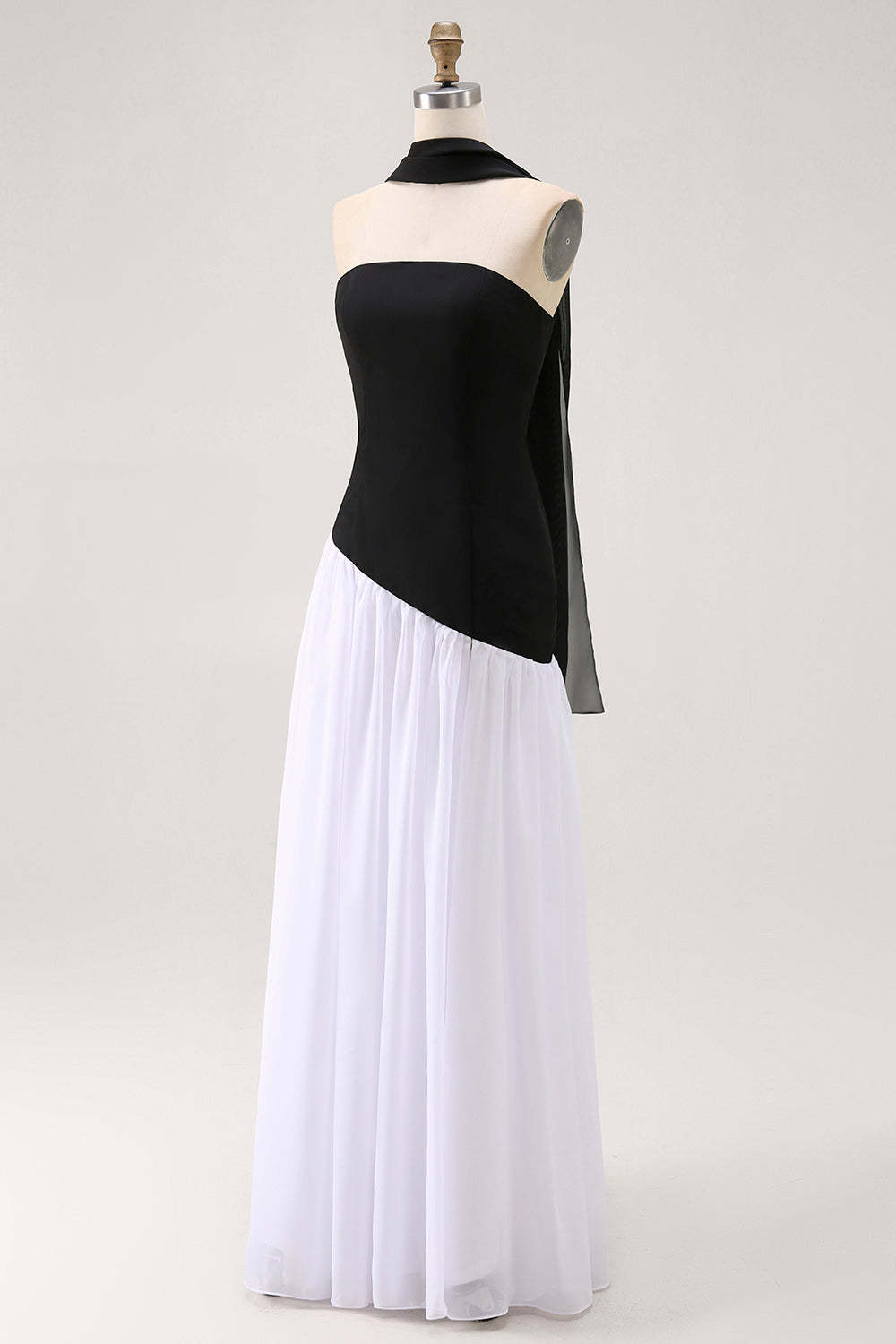 Black and White Strapless Neck Scarf Long Formal Dress