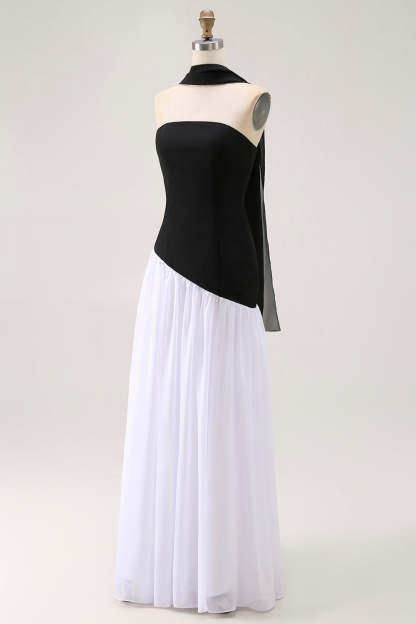 Black and White Strapless Neck Scarf Long Formal Dress