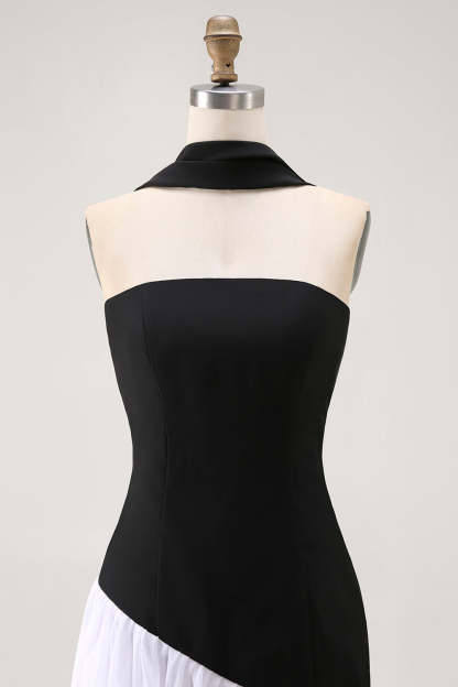 Black and White Strapless Neck Scarf Long Formal Dress