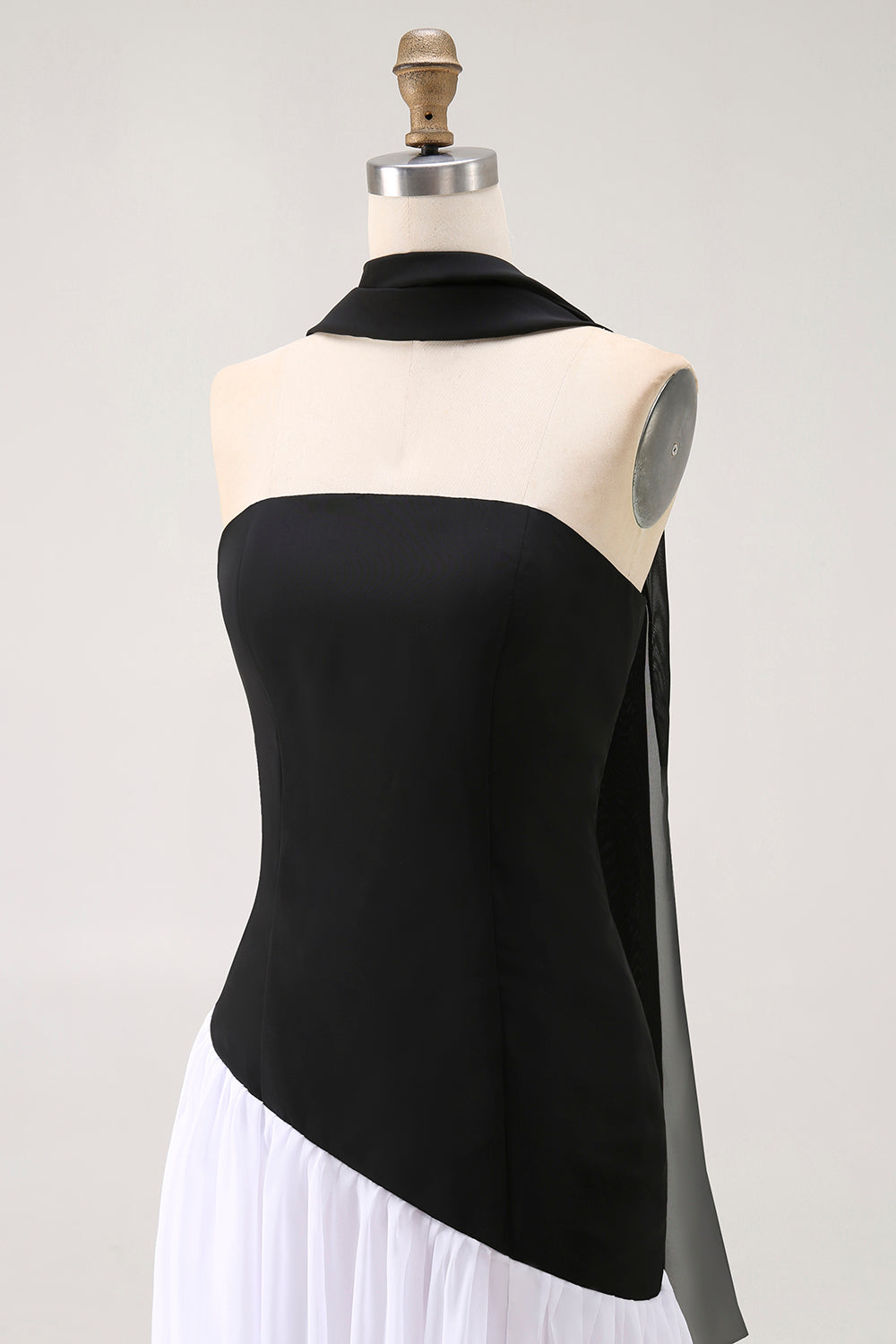 Black and White Strapless Neck Scarf Long Formal Dress