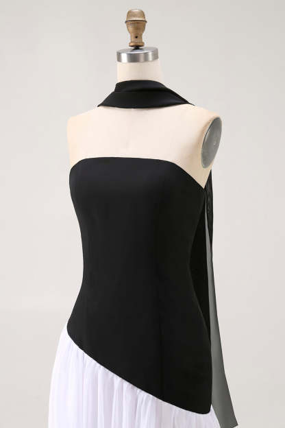 Black and White Strapless Neck Scarf Long Formal Dress
