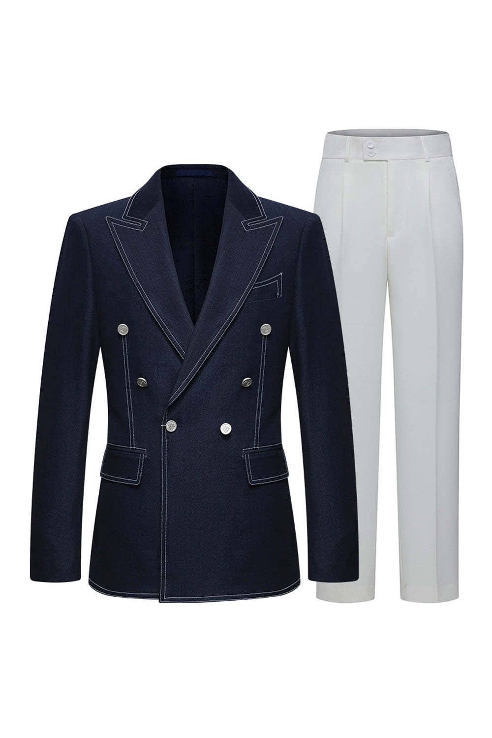 Leely Men Dark Blue Peak Lapel 2 Piece Formal Suits Double Breasted Tailored Tuxedo