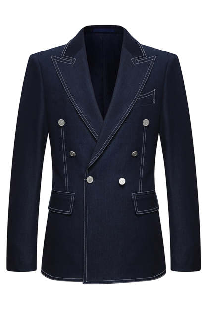 Dark Blue Double Breasted Peak Lapel 2 Piece Men's Suits