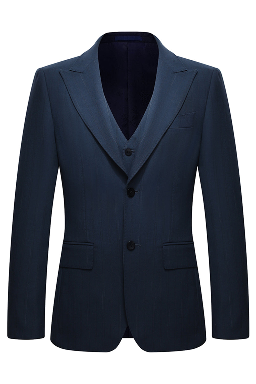 3 Piece Single Breasted Slim Fit Peak Lapel Navy Men's Formal Suits