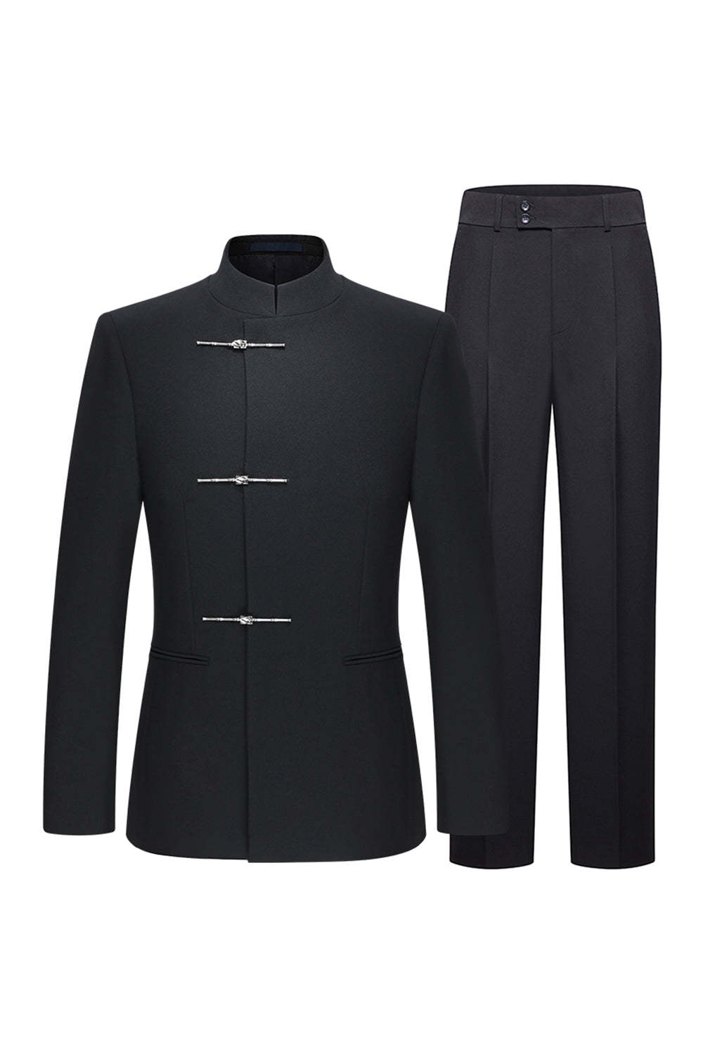 Leely Men Black Mandarin Collar Suit with Knots Slim Fit 2 Piece Formal Suits
