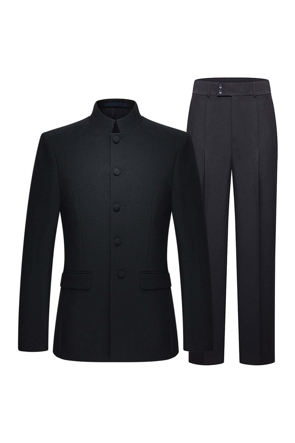 Leely Men 2 Piece Mandarin Collar Suits Single Breasted Black Slim Fit Formal Suits