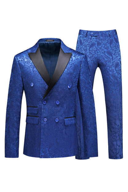 Leely Men 2 Piece Blue Jacquard Prom Suits Suits Peak Lapel Double Breasted Party Suits