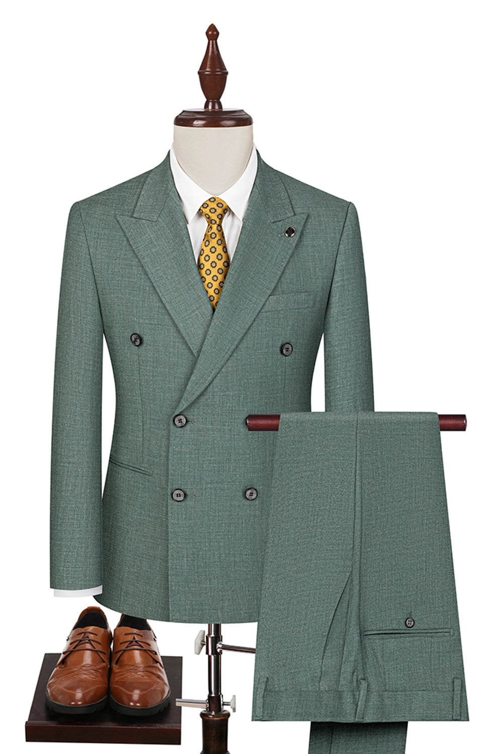 Grey Green 2 Piece Peak Lapel Double Breasted Men's Formal Suits