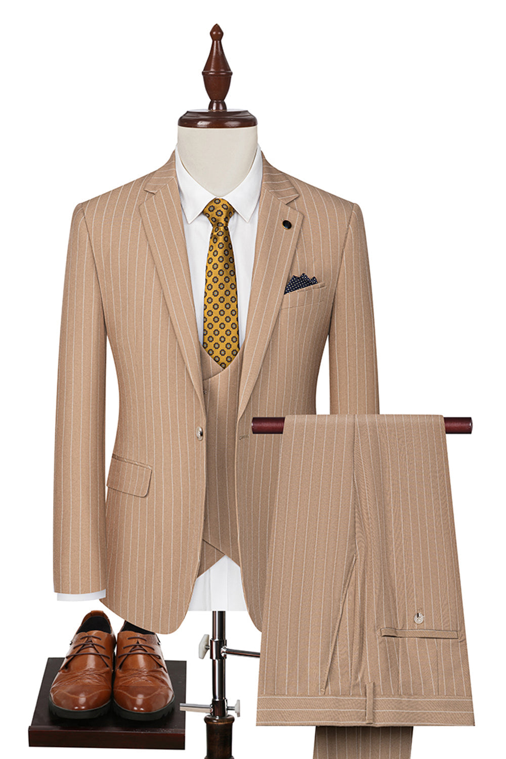 Beige Striped Notched Lapel 3 Piece Men's Suits