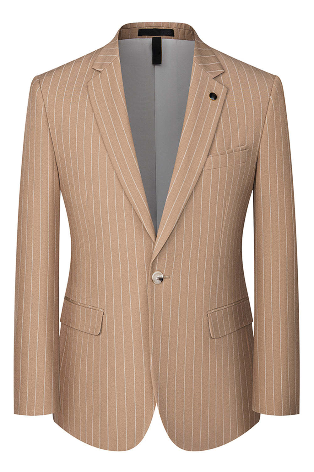Beige Striped Notched Lapel 3 Piece Men's Suits