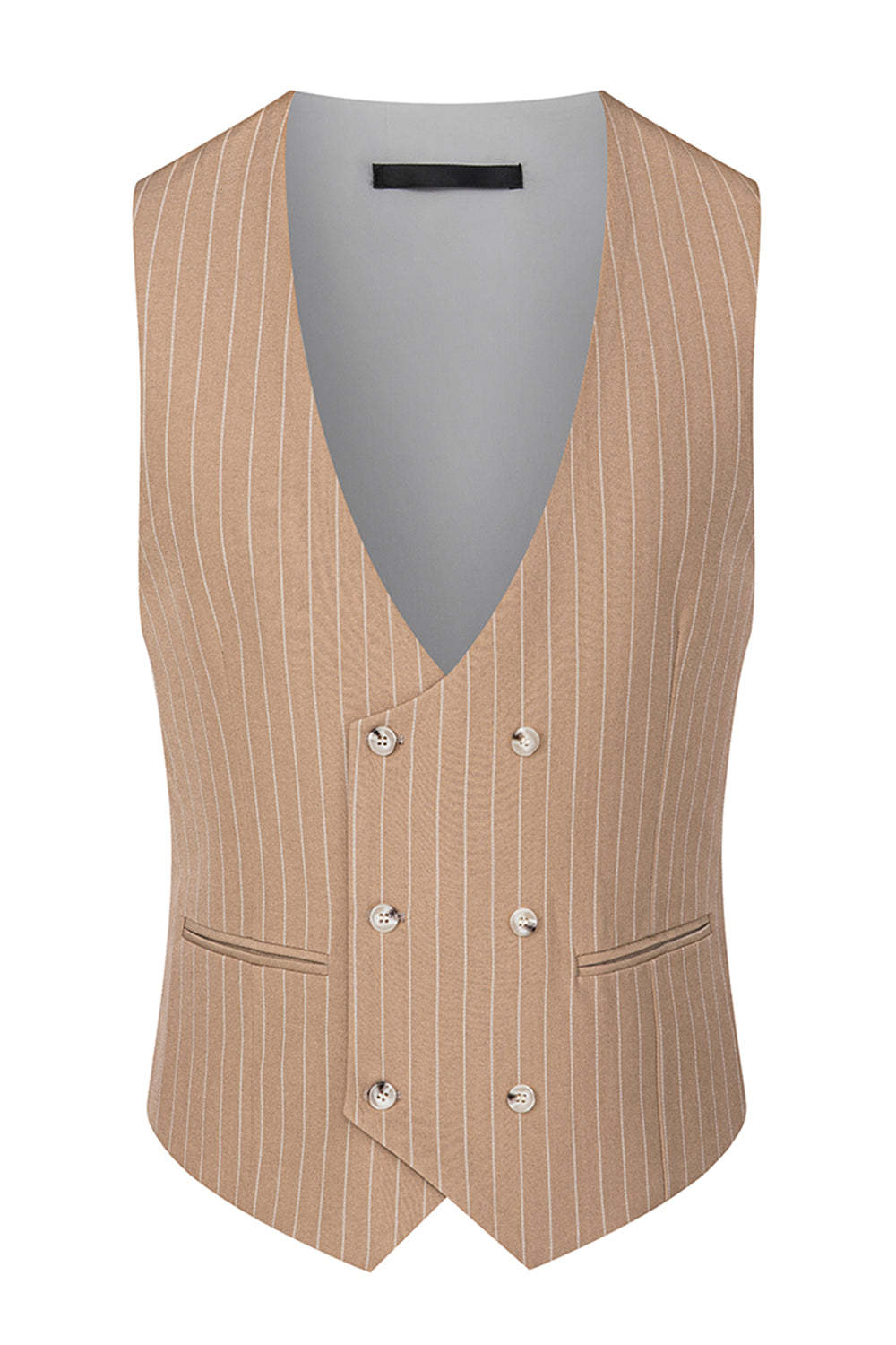 Beige Striped Notched Lapel 3 Piece Men's Suits