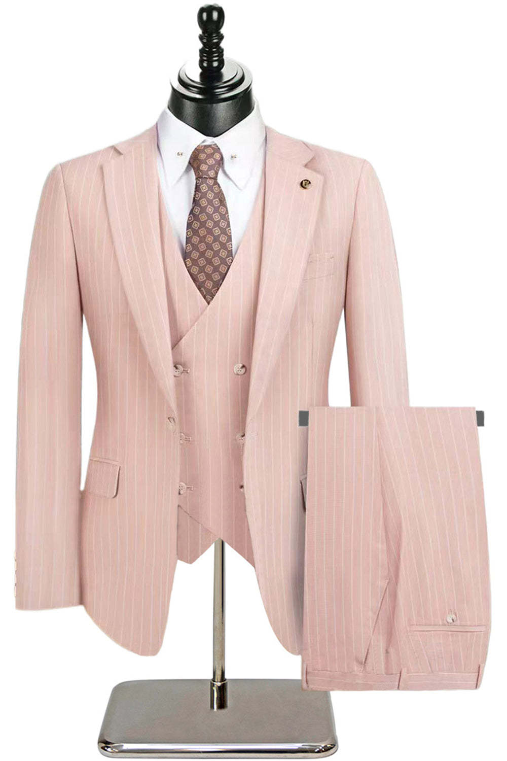 Beige Striped Notched Lapel 3 Piece Men's Suits