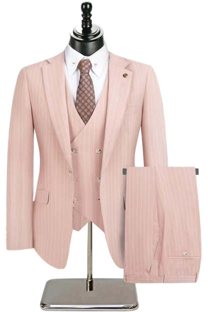 Beige Striped Notched Lapel 3 Piece Men's Suits