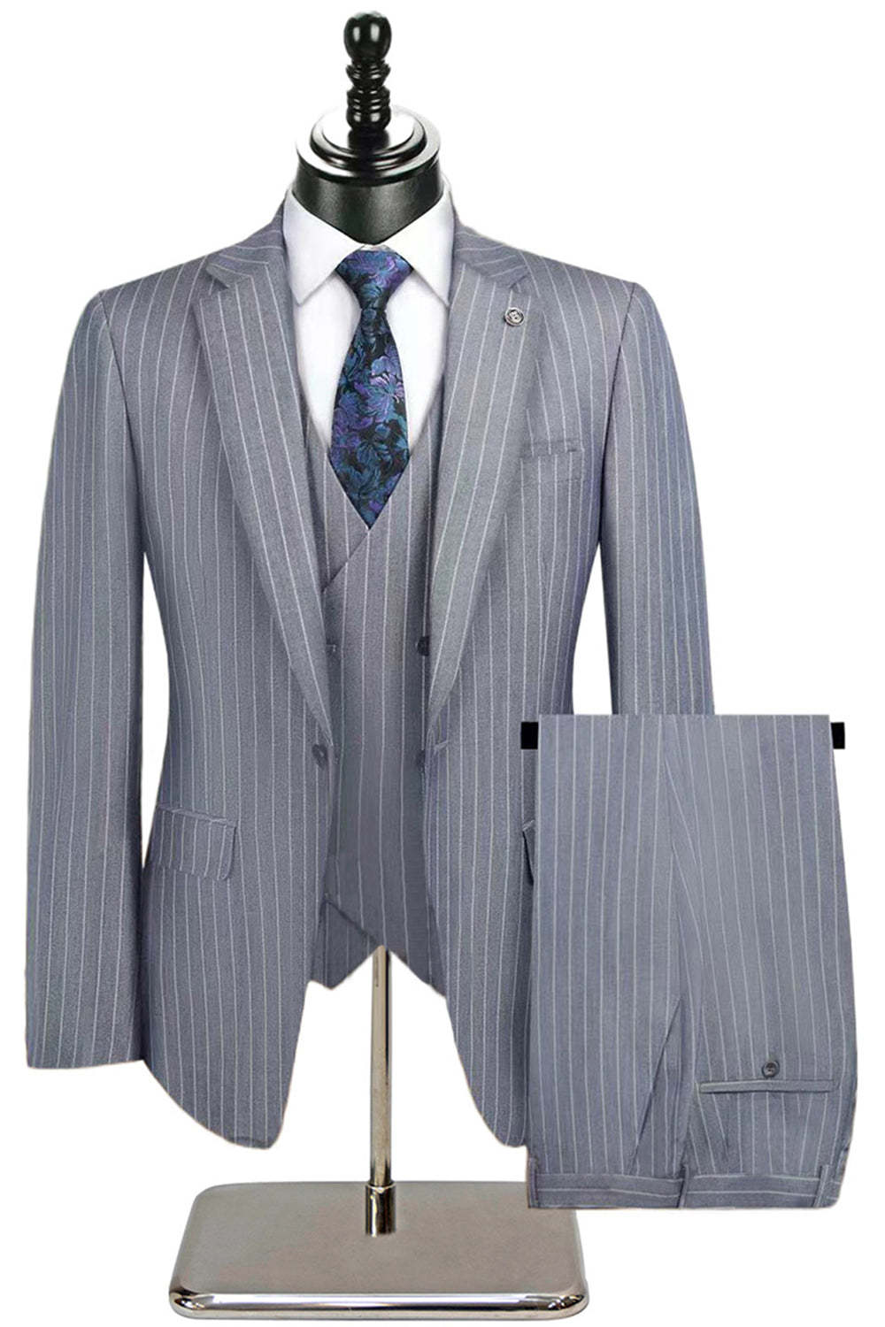 Beige Striped Notched Lapel 3 Piece Men's Suits
