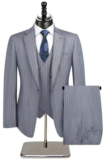 Beige Striped Notched Lapel 3 Piece Men's Suits