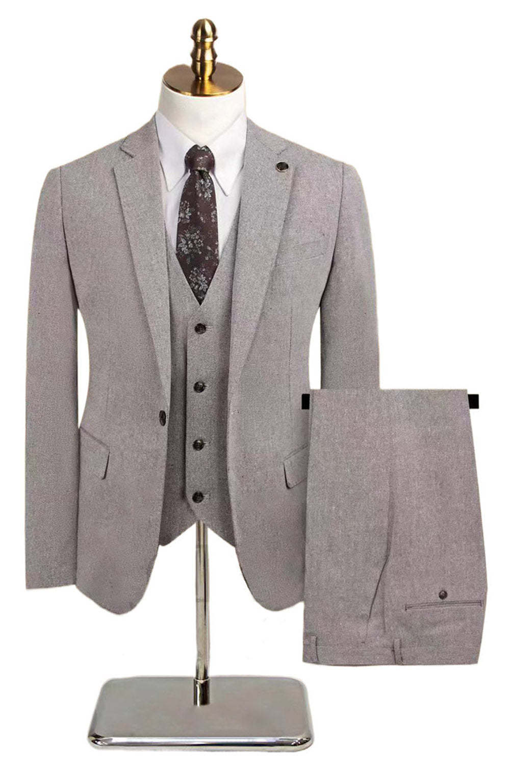 Leely Men 3 Piece Slim Fit Grey Formal Suits Notched Lapel One Button Business Suits