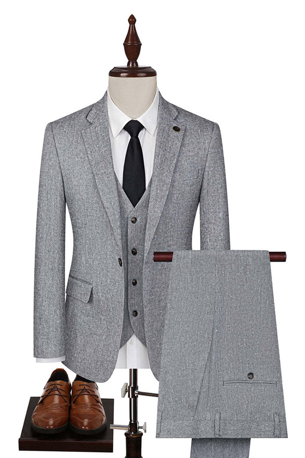 3 Piece Slim Fit Grey Notched Lapel Men's Suits