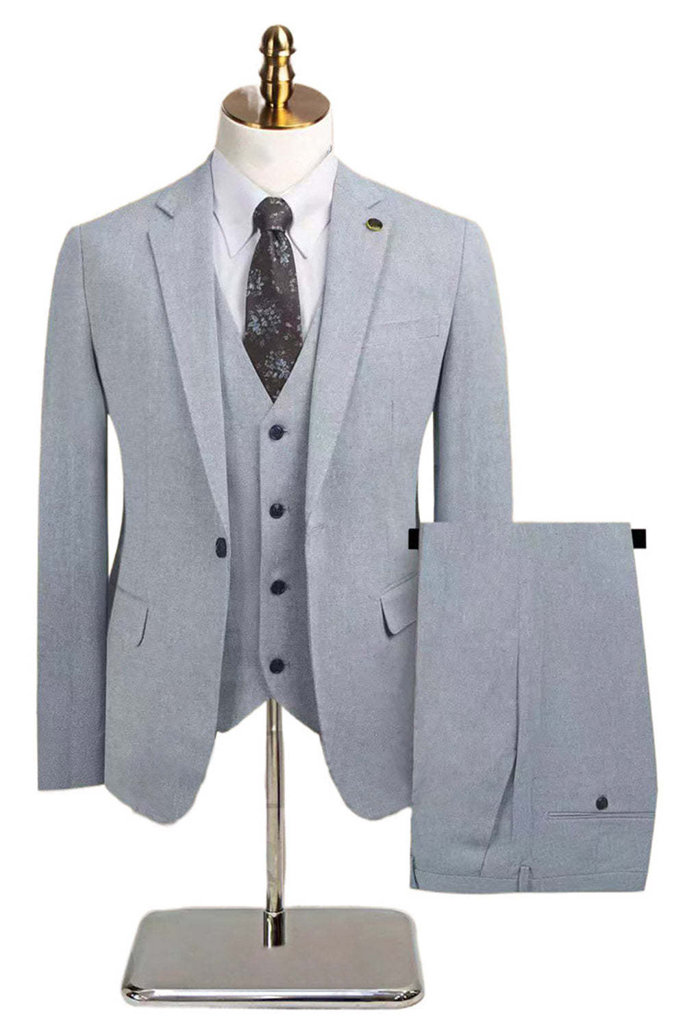 3 Piece Slim Fit Grey Notched Lapel Men's Suits