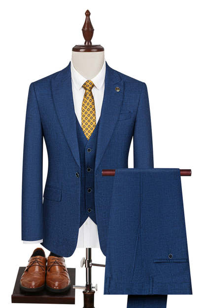 Peacock Blue Peak Lapel One Button 3 Piece Men's Business Suits