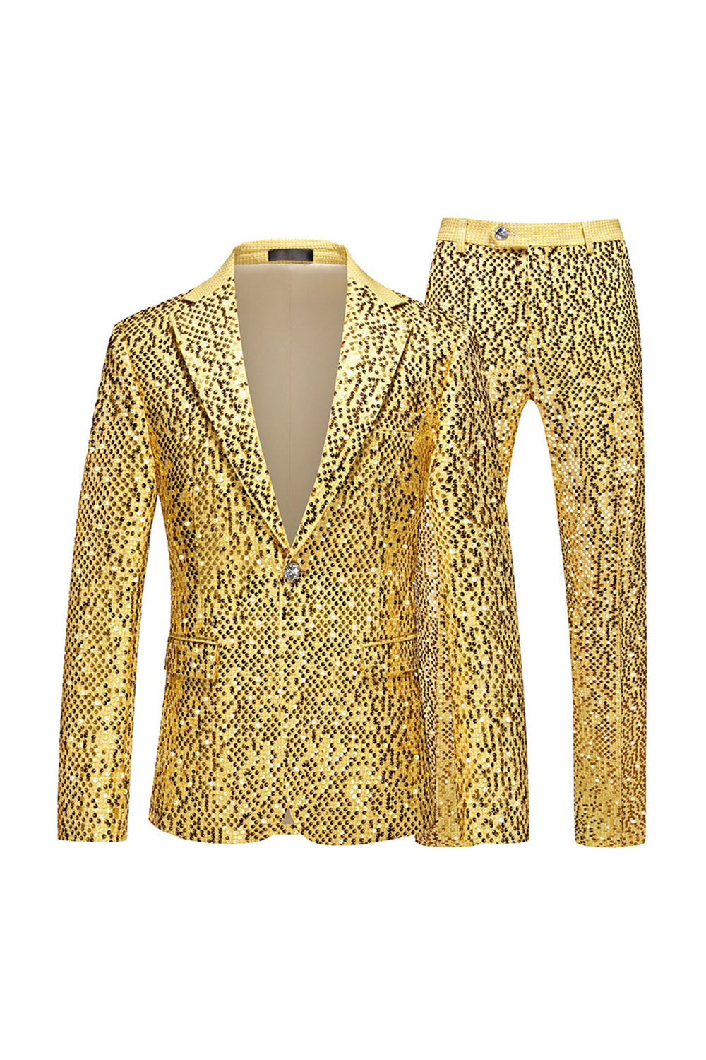 Sparkly Golden Notched Lapel Sequined 2 Piece Prom Suits