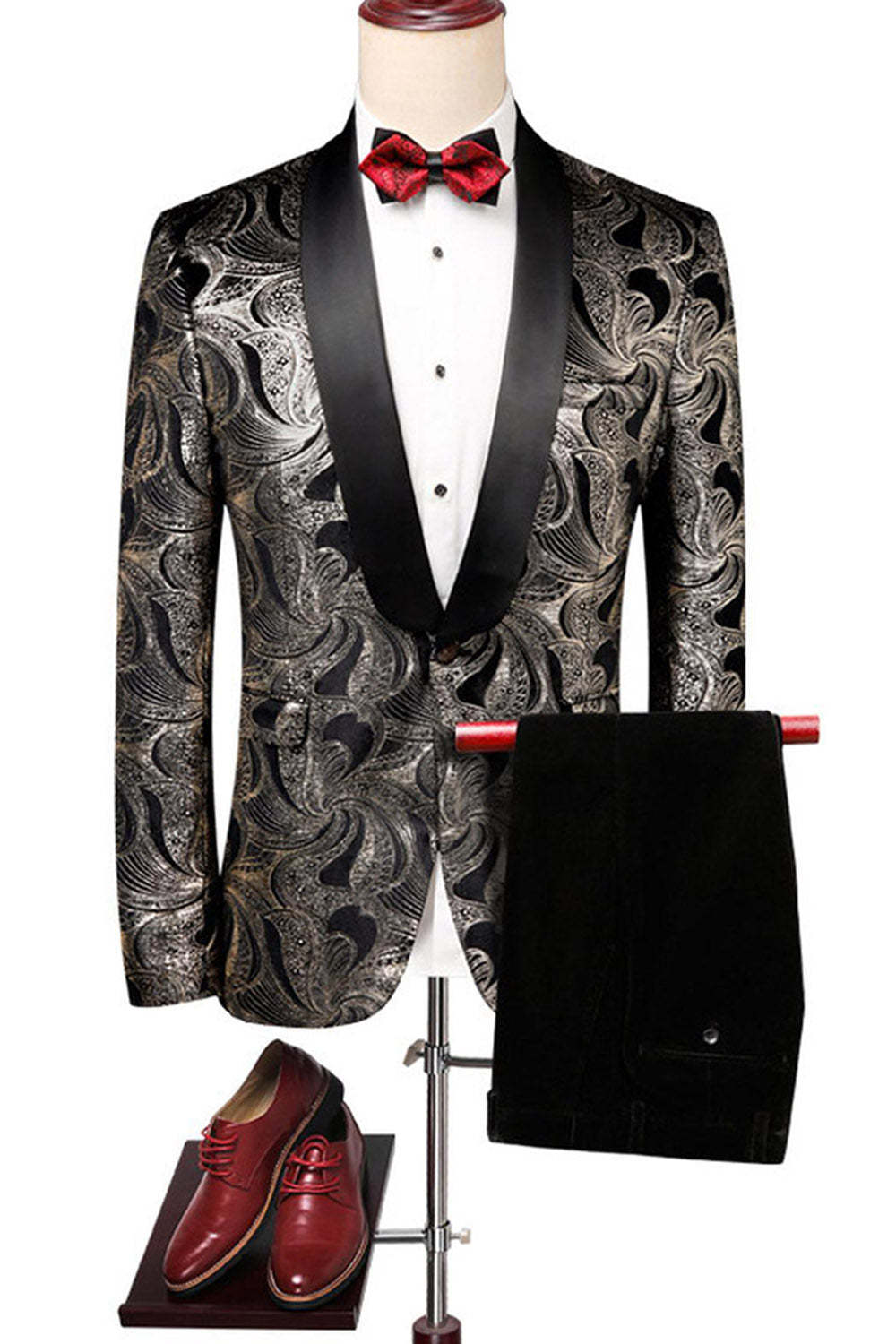 Leely Men's Black Silver Prom Suits Shawl Lapel Printed Party Suits