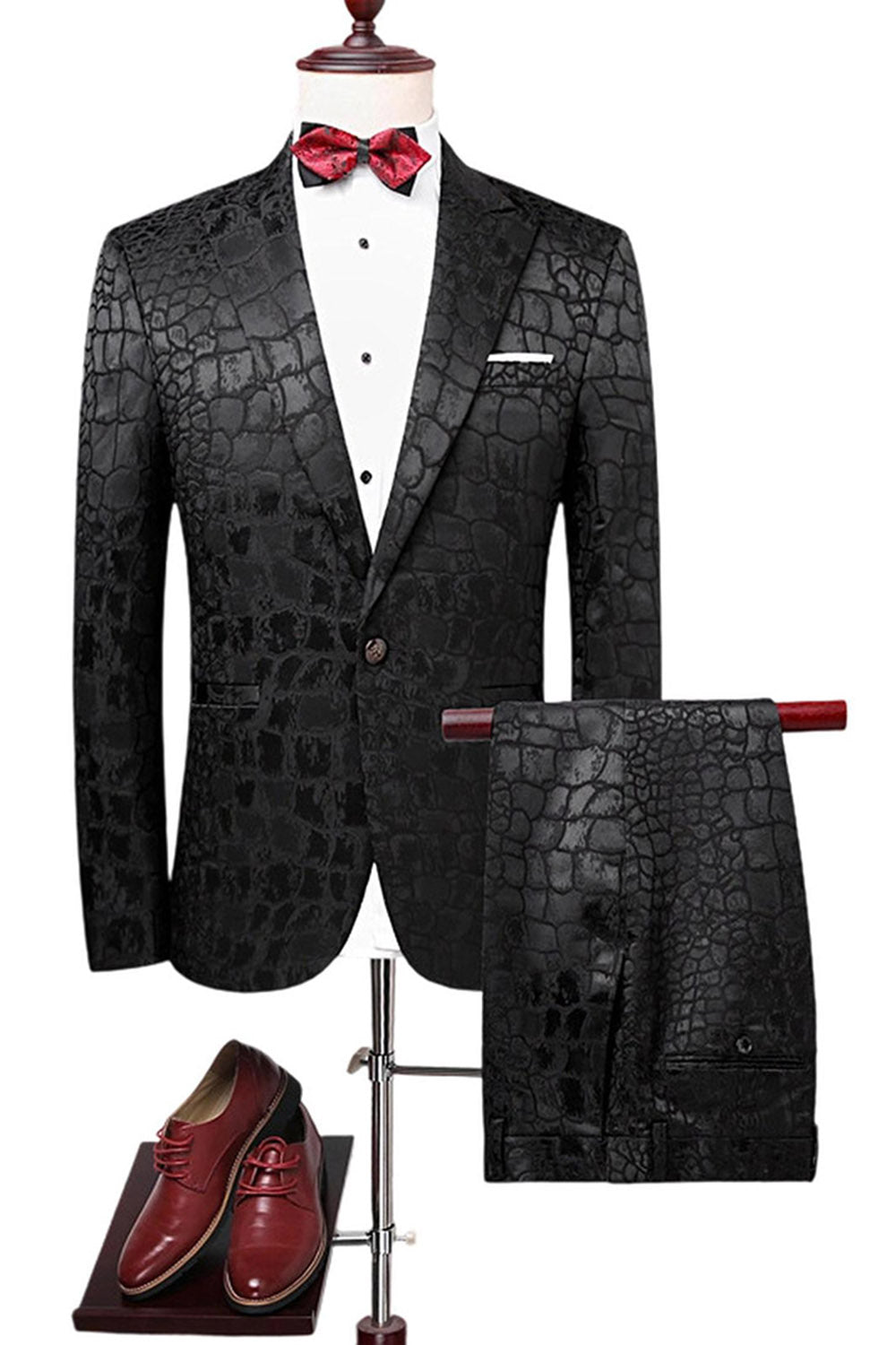 Leely Men's Prom Suits Black Texture Peak Lapel 2 Piece Printed Party Suits