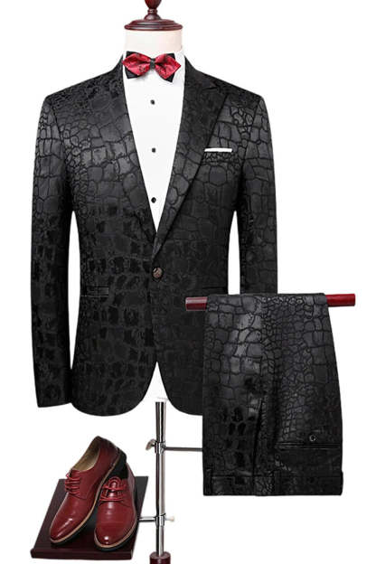 Leely Men's Prom Suits Black Texture Peak Lapel 2 Piece Printed Party Suits