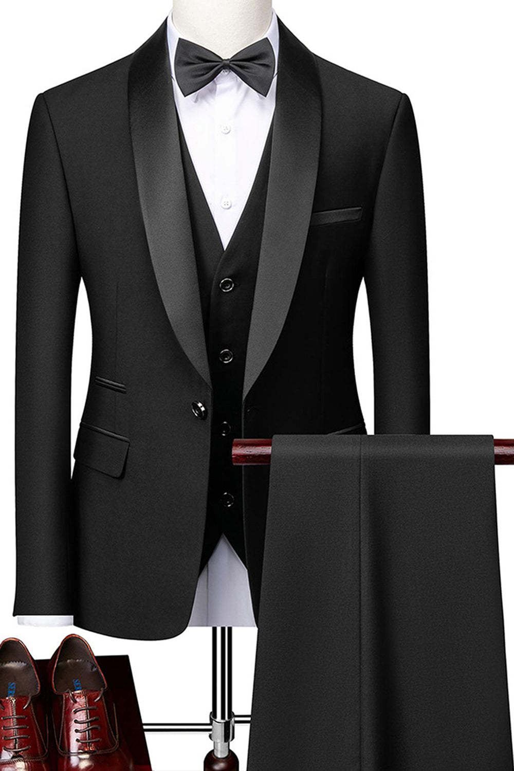 Leely Men's Wedding Suits Black Shawl Lapel One Button Formal Suits
