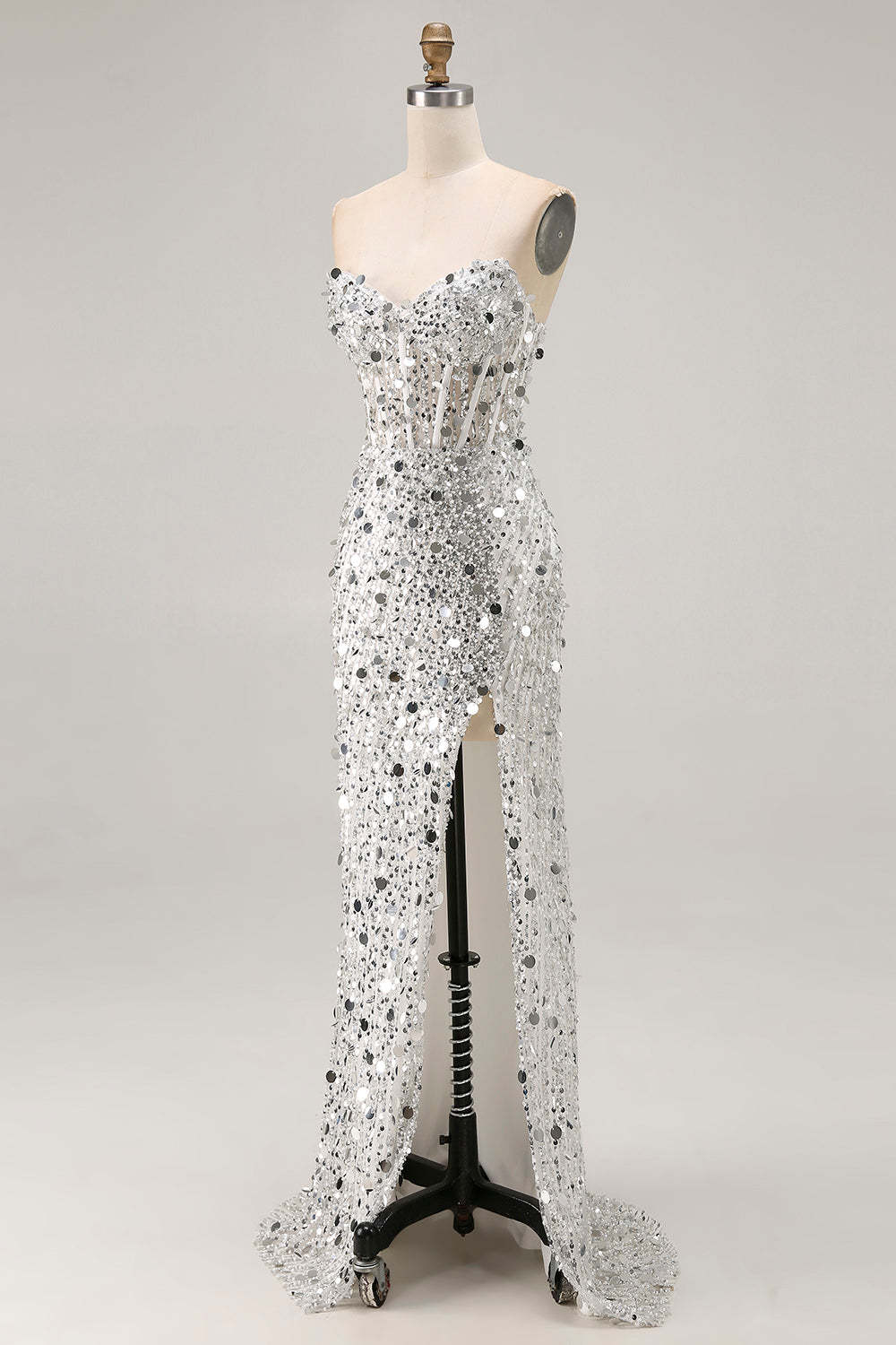 Sparkly Golden Sequin Sweetheart Maxi Corset Prom Dress with Slit