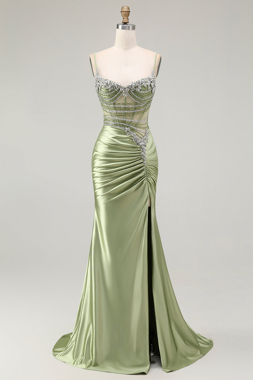 Sparkly Green Corset Mermaid Maxi Prom Dress with Slit