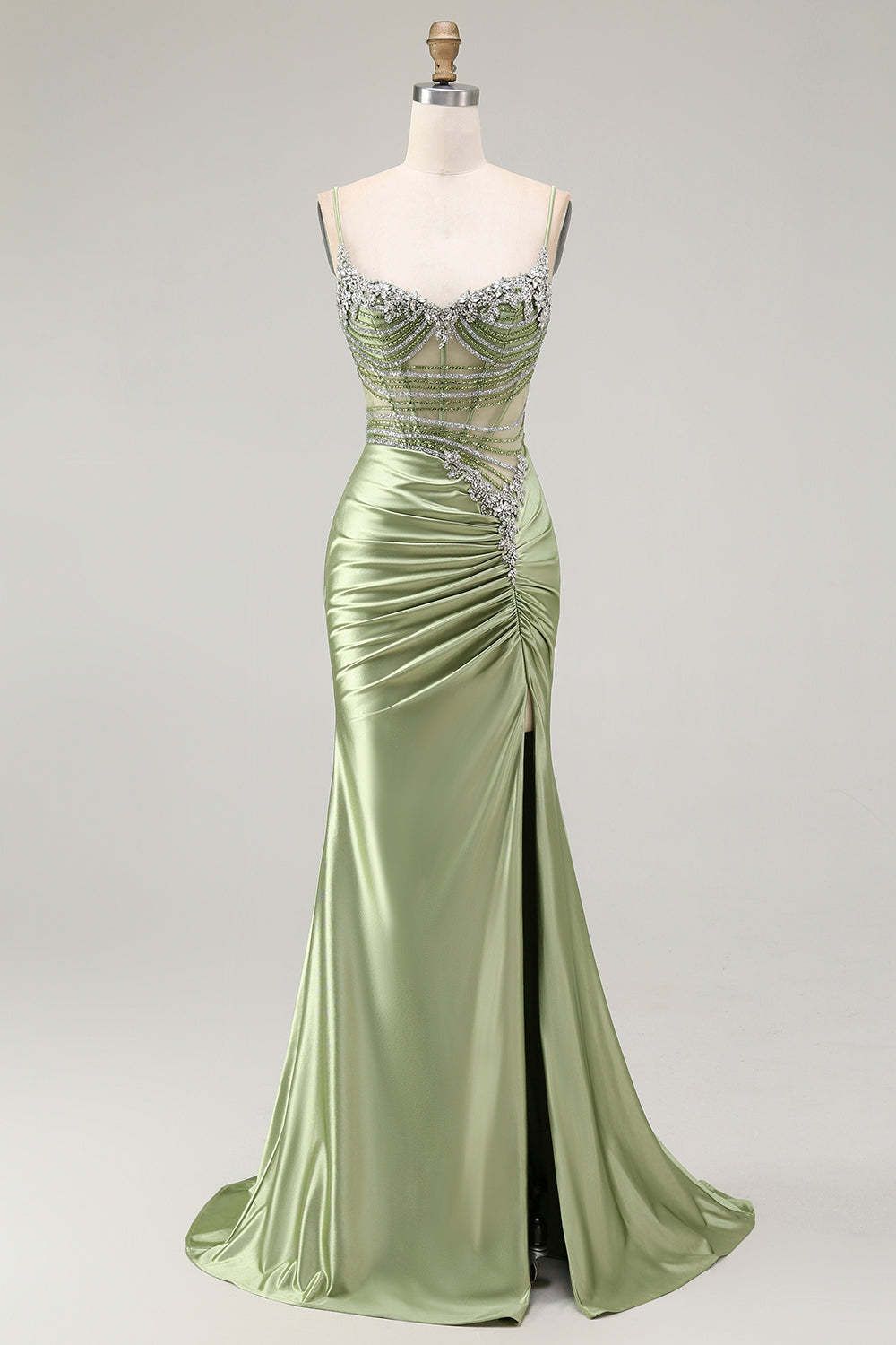 Sparkly Green Corset Mermaid Maxi Prom Dress with Slit
