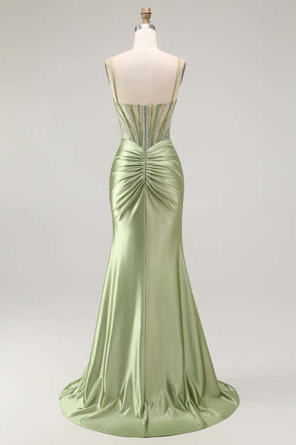 Sparkly Green Corset Mermaid Maxi Prom Dress with Slit
