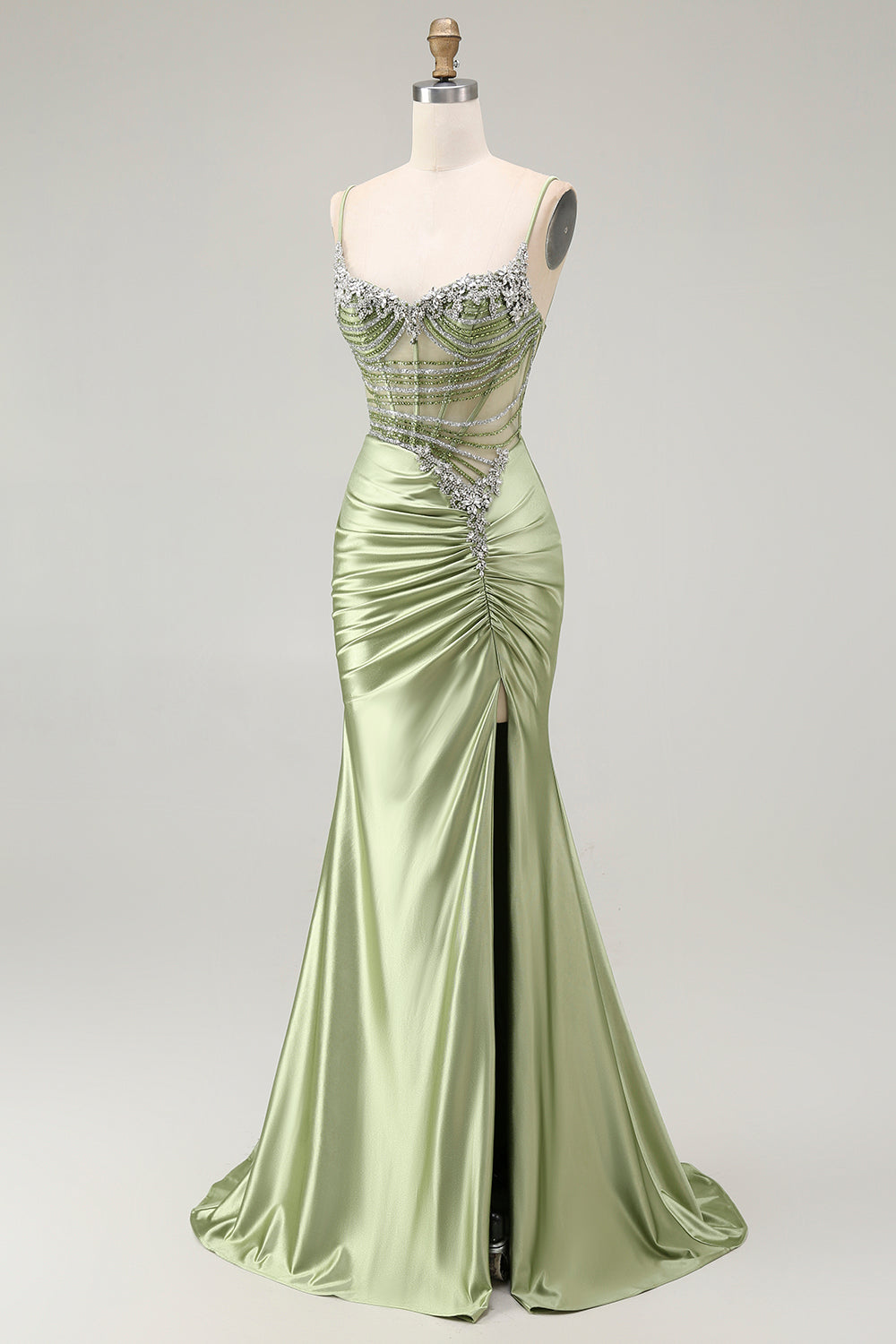 Sparkly Green Mermaid Corset Maxi Prom Dress with Slit