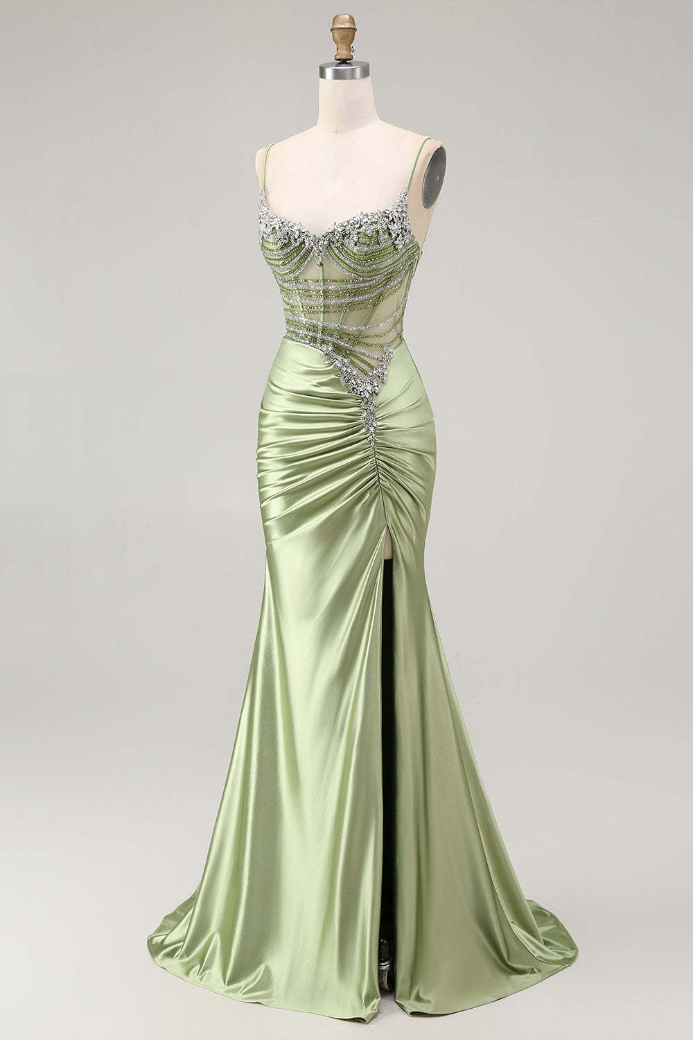 Sparkly Green Mermaid Corset Maxi Prom Dress with Slit