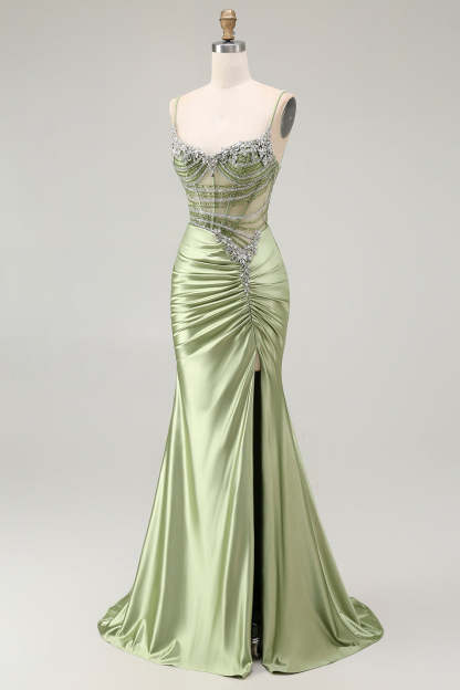 Sparkly Green Mermaid Corset Maxi Prom Dress with Slit
