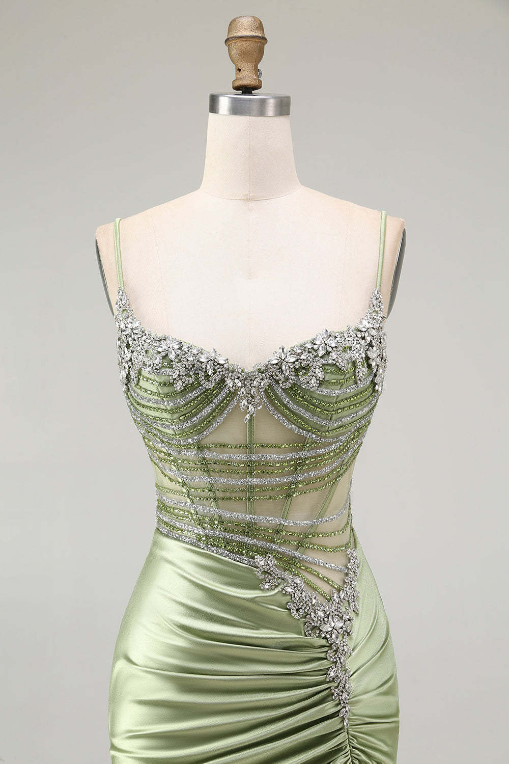 Sparkly Green Mermaid Corset Maxi Prom Dress with Slit