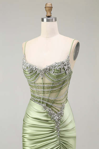 Sparkly Green Mermaid Corset Maxi Prom Dress with Slit