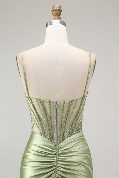 Sparkly Green Mermaid Corset Maxi Prom Dress with Slit