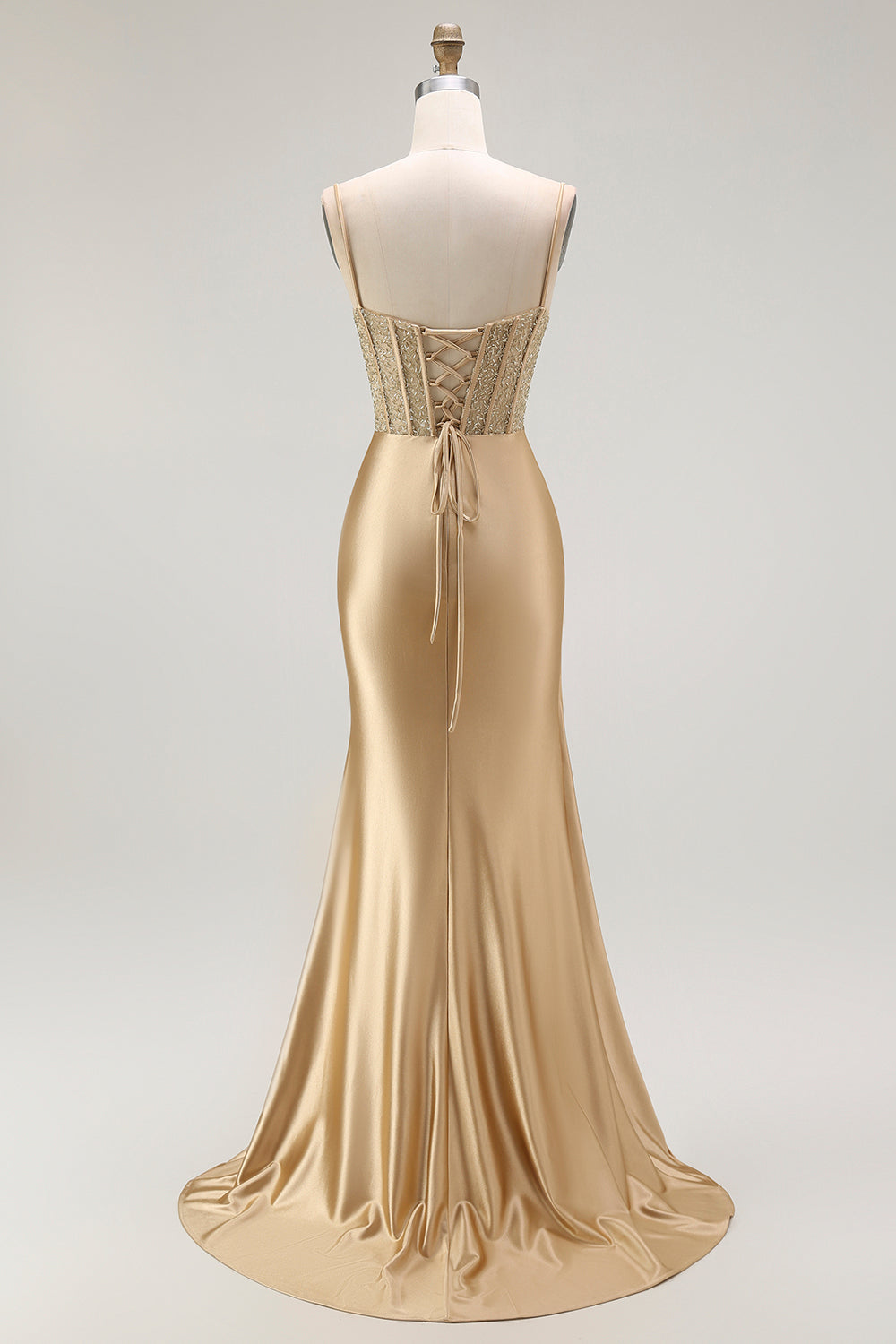 Sparkly Gold Satin Mermaid Maxi Corset Prom Dress with Slit
