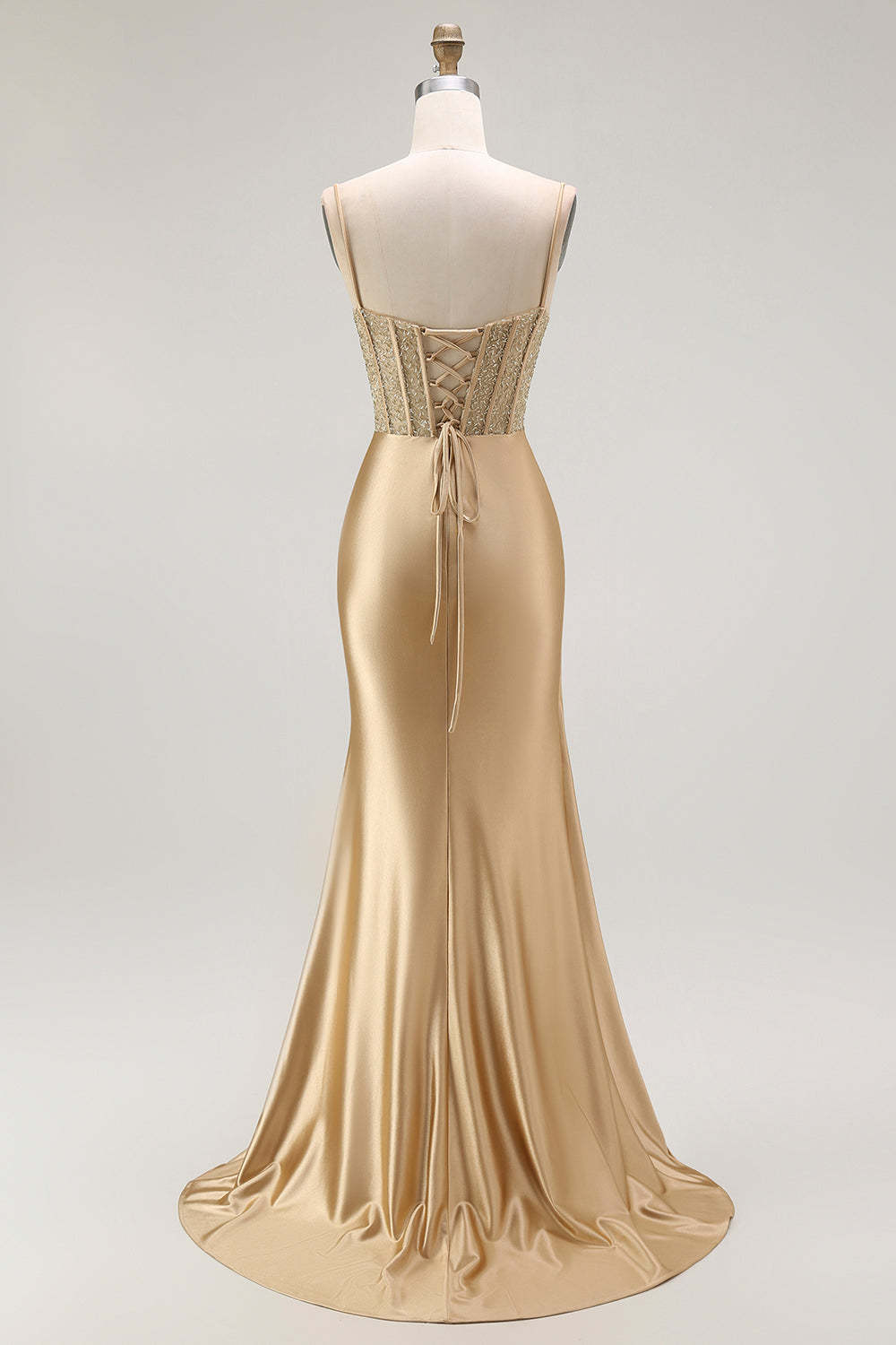 Sparkly Gold Satin Mermaid Maxi Corset Prom Dress with Slit