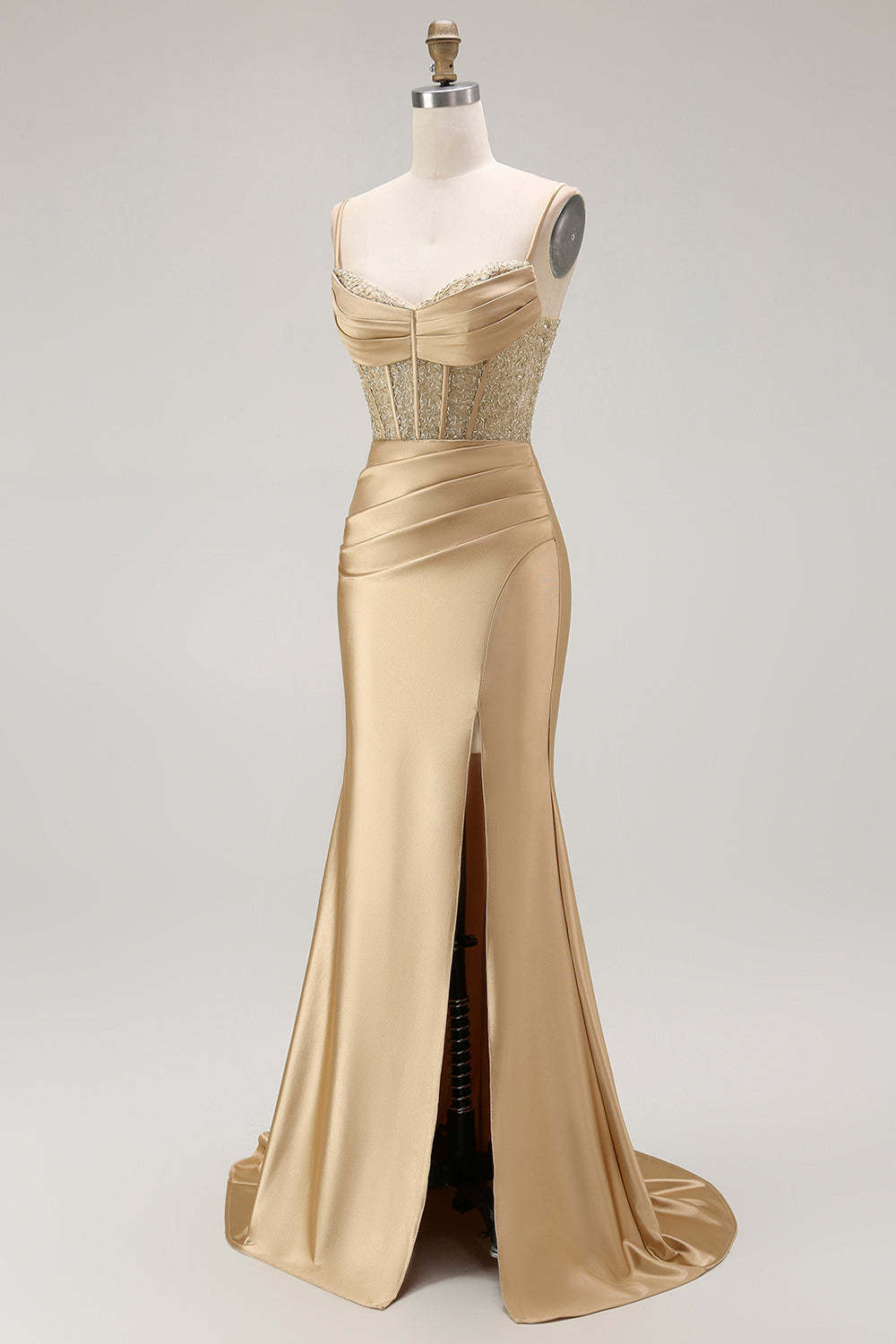 Sparkly Gold Satin Mermaid Maxi Corset Prom Dress with Slit